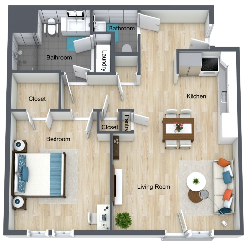 Spacious one-bedroom apartment with open living, dining, and kitchen areas designed for ease and comfort.