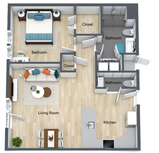 Open and bright living space with comfortable seating, dining area, and accessible kitchen amenities.
