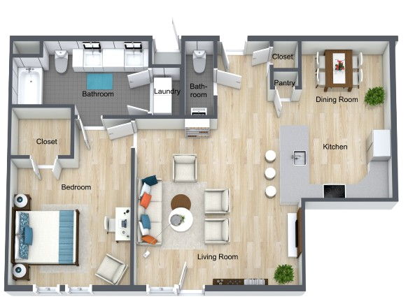 One-bedroom apartment with open living, dining, kitchen, and comfortable spaces for community living.
