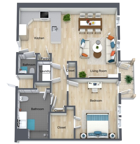 Bright, open living and dining areas with comfortable seating and natural light from windows.