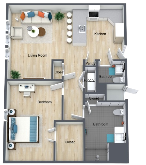 Open-concept living space with comfortable seating, a well-equipped kitchen, and spacious bedroom.