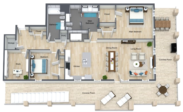 Spacious floor plan with two bedrooms, open living and dining areas, and inviting covered porches.