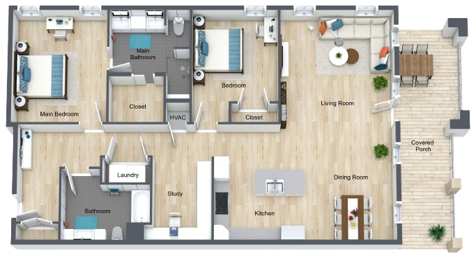 Spacious two-bedroom layout with open living, dining, kitchen, study, and covered porch for relaxing gatherings.