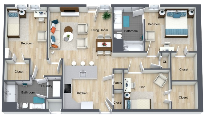 Two-bedroom retirement home floor plan with spacious living areas and well-equipped kitchen.