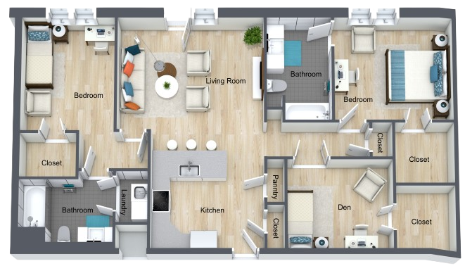 Spacious retirement home layout featuring comfortable living areas, two bedrooms, and ample storage.