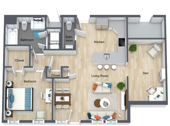 Open-layout apartment with comfortable living areas, a den, and accessible kitchen and bathrooms.