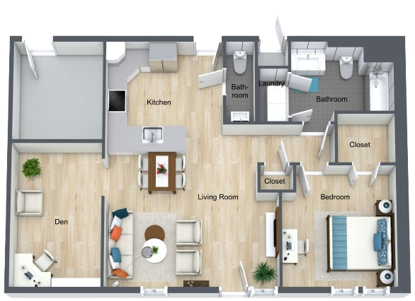 Spacious one-bedroom apartment with open living, dining, and den areas designed for comfort and community.