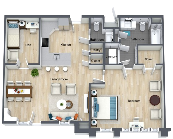 Spacious one-bedroom apartment with open living areas, a den, and plenty of storage.
