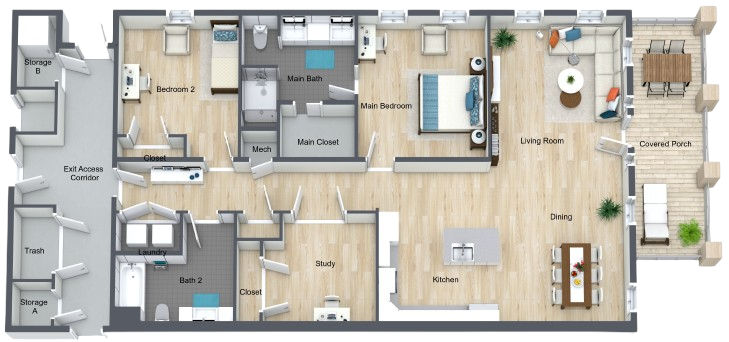 Spacious and bright two-bedroom home with open living, dining, and kitchen areas opening to a covered porch.
