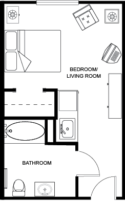 A warm, inviting layout featuring a cozy bedroom, living room, and accessible bathroom, perfect for comfort.
