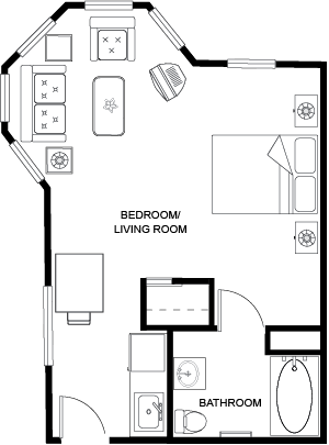 A welcoming layout featuring a comfortable living area, bedroom, and accessible bathroom, perfect for community living.