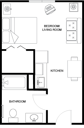 A welcoming layout featuring a bedroom, living room, and kitchen designed for comfort and community.