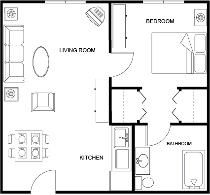 A welcoming layout featuring a living room, kitchen, bedroom, and bathroom, perfect for community living.
