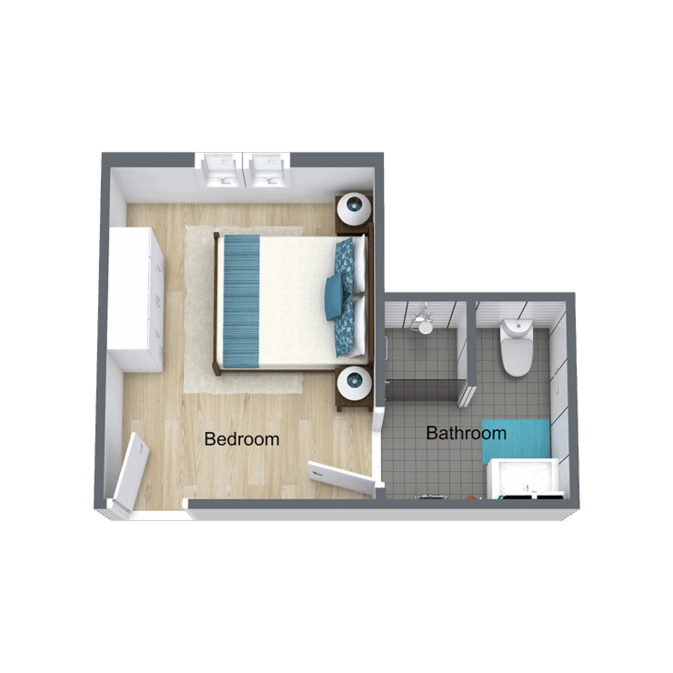 A cozy floor plan featuring a spacious bedroom and a comfortable bathroom, perfect for peaceful living.