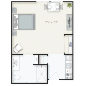 A welcoming layout featuring a spacious bedroom, kitchenette, and comfortable living area, promoting community and ease.