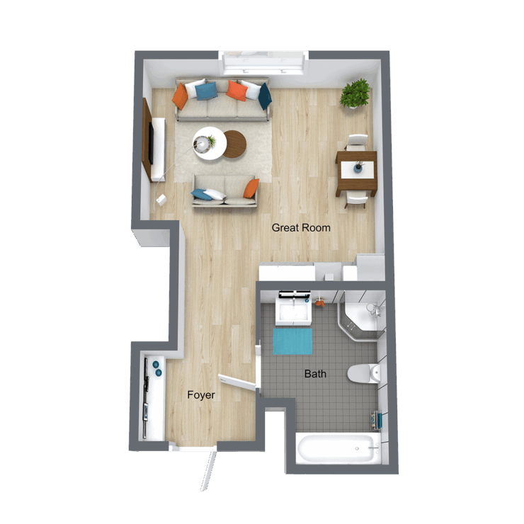 A bright, inviting living space with warm wood flooring, designed for comfort and community.