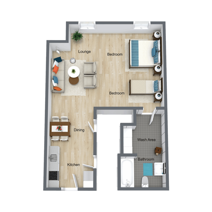 A warm and inviting floor plan showcasing a spacious, comfortable living area and well-equipped kitchen.
