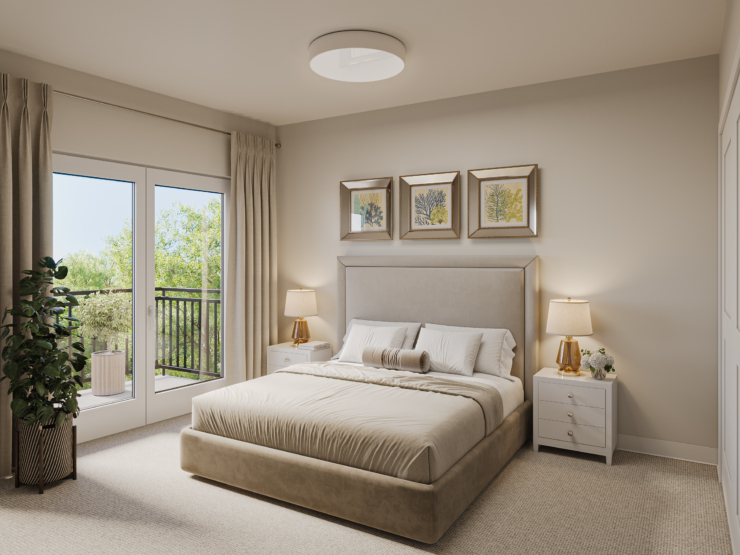 A cozy bedroom filled with natural light, offering a serene retreat with warm decor and a welcoming atmosphere.