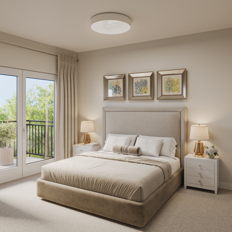 A cozy bedroom filled with natural light, offering a serene retreat with warm decor and a welcoming atmosphere.