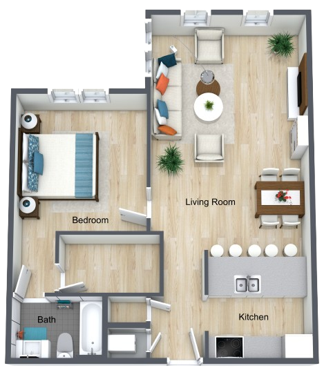 One-bedroom apartment layout offering a comfortable living space with separate kitchen and bath areas.