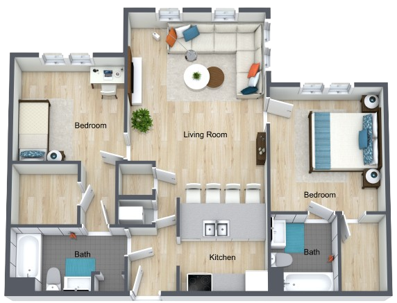 Spacious 2-bedroom, 2-bath apartment floor plan designed for comfort and independence.