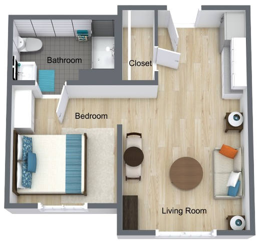 Bright and inviting one-bedroom apartment with bedroom, closet, and full bathroom for comfortable living.