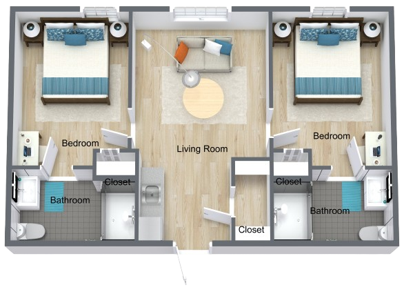 Two-bedroom apartment with spacious kitchen, dining area, and private bathrooms for comfortable living.