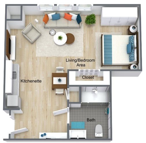 A welcoming living space designed for comfort and community, featuring a kitchenette and ample storage.