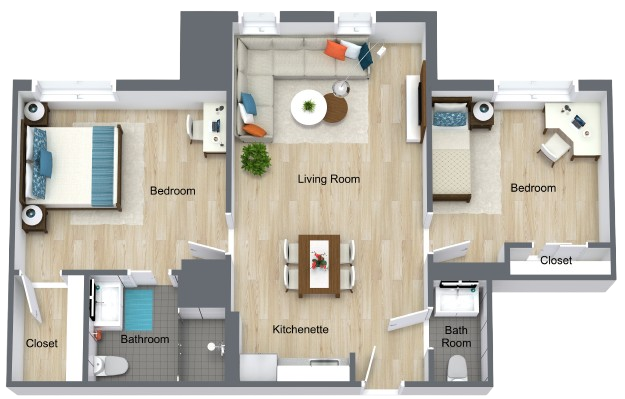 A thoughtfully designed layout promoting community and comfort, featuring spacious living areas and private bedrooms.
