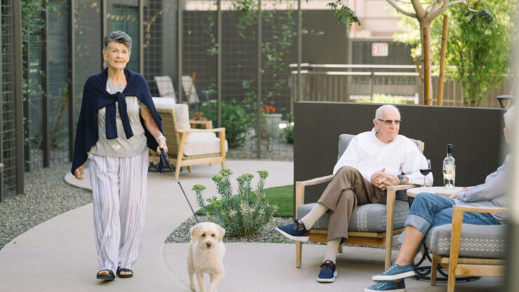 A welcoming outdoor space where residents enjoy leisurely strolls and friendly conversations.