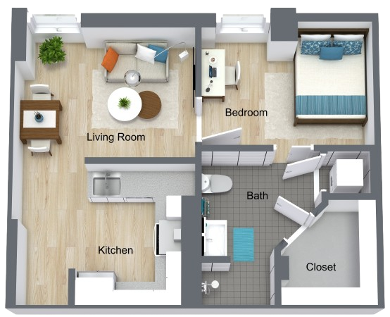 A welcoming layout featuring a living room, kitchen, and cozy bedroom, perfect for community living.