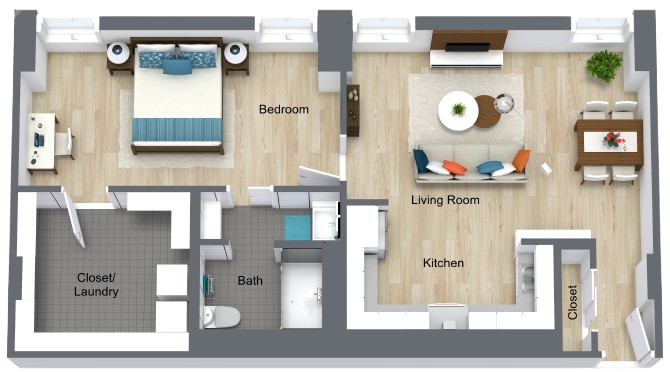 A warm, inviting layout featuring a comfortable living space and serene bedroom, perfect for community living.