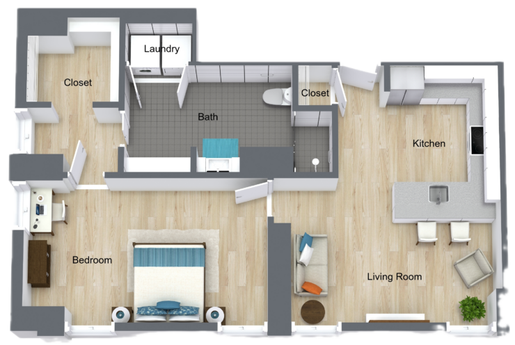 A welcoming layout featuring a bright living space, cozy bedroom, and modern kitchen, perfect for community living.
