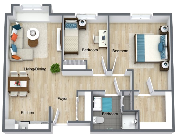 Spacious two-bedroom apartment with open living area, dining space, and a bright, welcoming layout.
