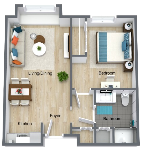 A welcoming layout featuring a comfortable living area and serene bedroom, perfect for community living.