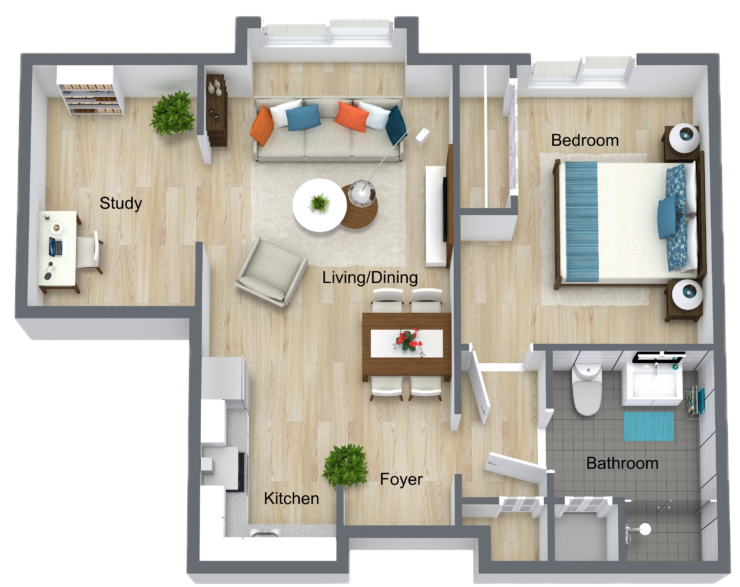 Well-organized one-bedroom apartment with den, warm living space, and inviting dining area.
