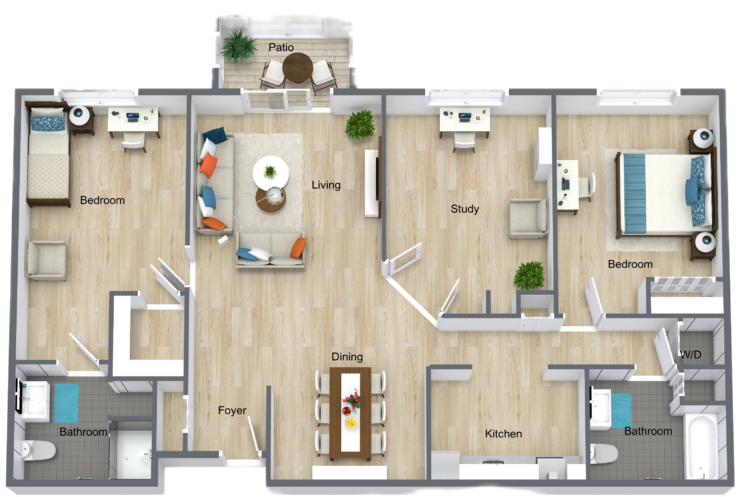 Spacious two-bedroom apartment featuring a den, dining area, and balcony for comfortable living.