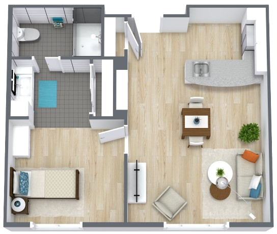 One-bedroom apartment with open living space, comfortable seating, and a private bathroom for independent living.