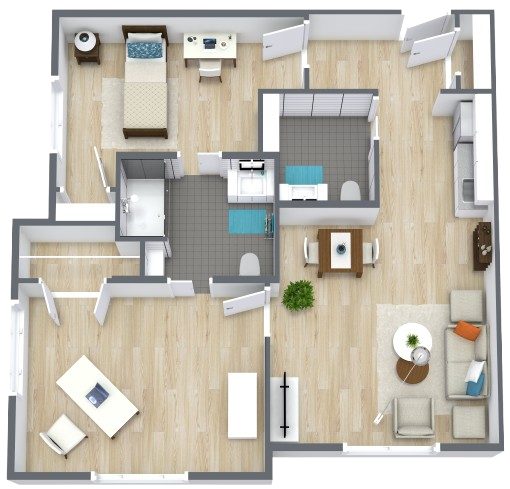 Spacious two-bedroom apartment with living room, dining area, and accessible bathroom.