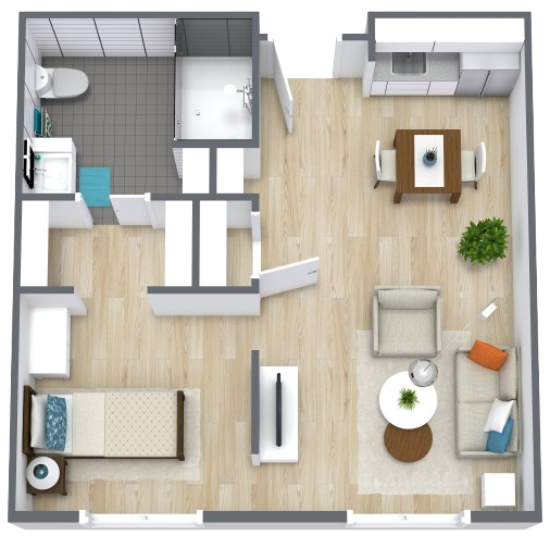 One-bedroom apartment with open living area, dining space, and accessible bathroom for comfortable living.