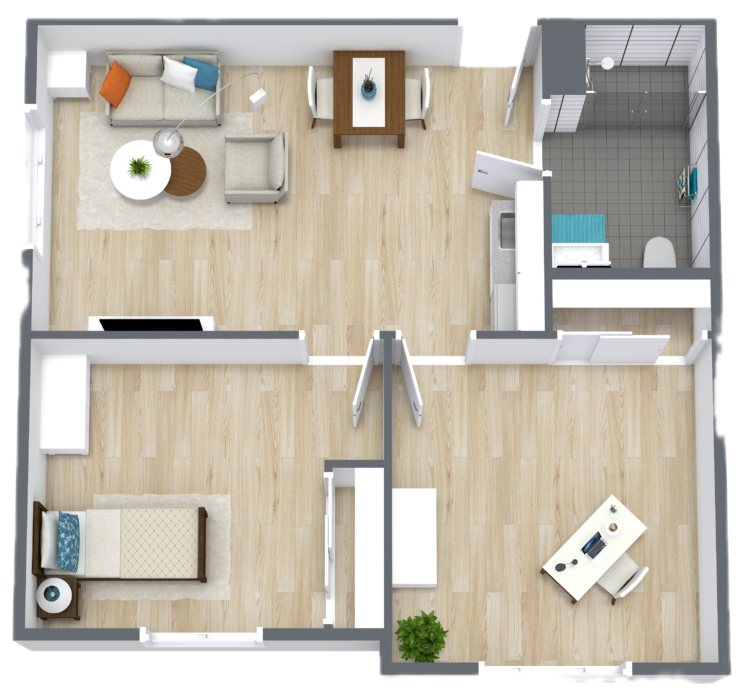 Spacious two-bedroom apartment with inviting living, dining, and private work areas for comfortable living.