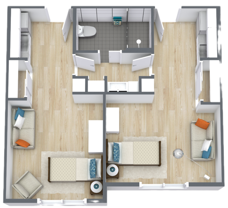 Spacious shared living area with comfortable seating, private beds, and a well-designed bathroom for easy access.