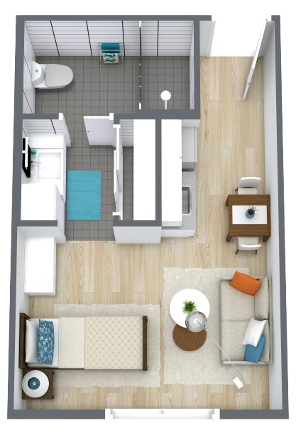 Compact and comfortable studio layout with living, sleeping, and bathroom areas designed for independence and ease.