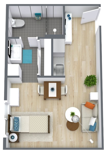 Well-organized studio layout featuring a comfortable living area, kitchenette, and private bathroom.
