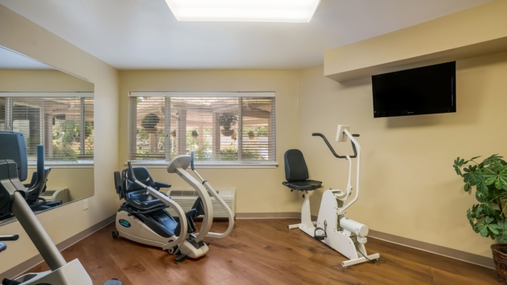Bright and inviting fitness area, featuring comfortable equipment and large windows for a welcoming atmosphere.