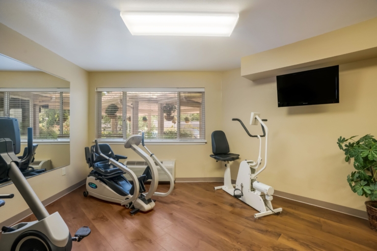 Bright and inviting fitness area, featuring comfortable equipment and large windows for a welcoming atmosphere.
