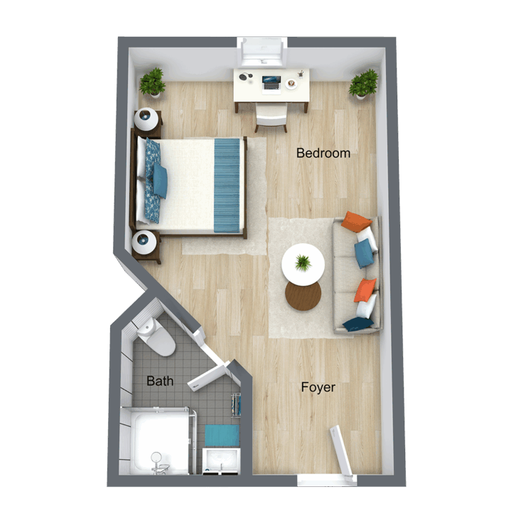 A welcoming bedroom layout designed for comfort, featuring a cozy bed and inviting seating area.