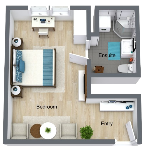 Bright, spacious layout with warm wood floors, inviting a sense of community and comfort for residents.