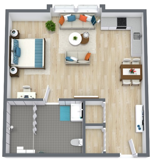 Bright, inviting space features warm wood flooring and accessible amenities, promoting comfort and community.