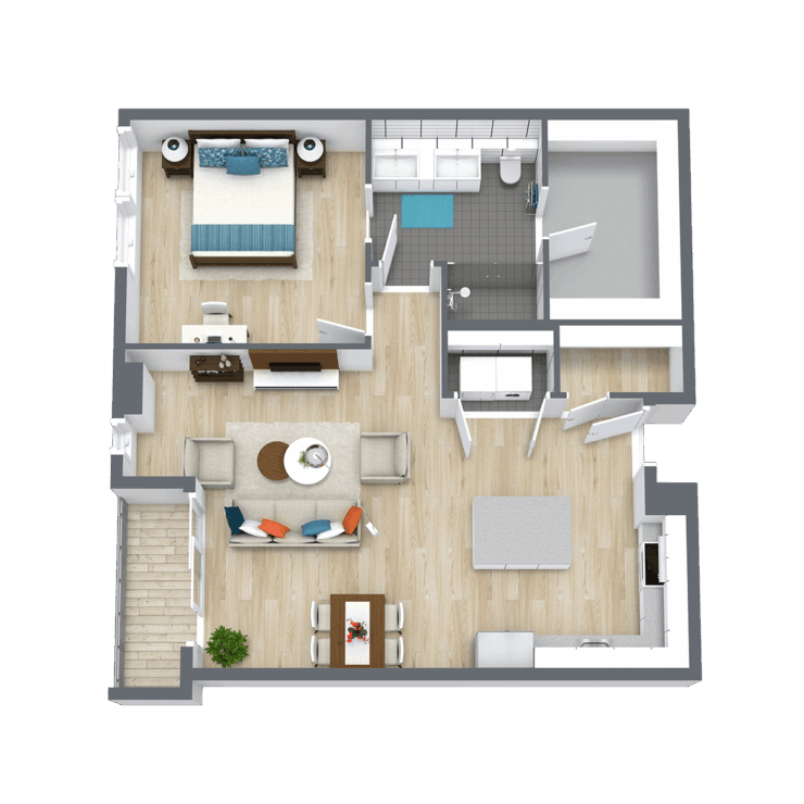 A welcoming, spacious layout featuring cozy living areas and a serene bedroom, perfect for relaxation.